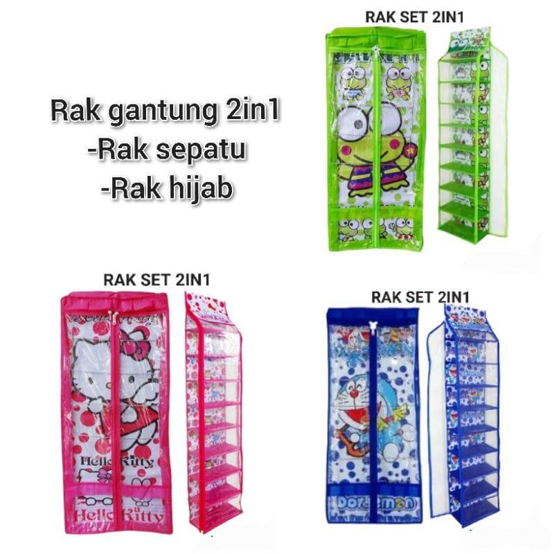 Product Introduction of 2in1 Set] Rak Sepatu+Rak jilbab Susun Gantung Motif Karakter 2in 1 3
