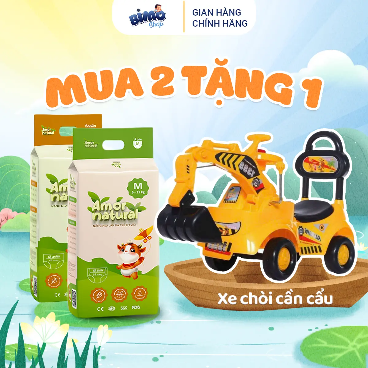 (2A) [TẶNG XE CHÒI CẦN CẨU ] Combo 2 Bịch Tã/ Bỉm AMOR NATURAL VIỆT NAM Thoáng Khí Mỏng Nhẹ Cho Bé