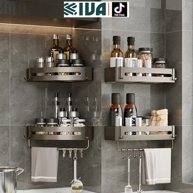 Kệ nhà tắm màu xám KIVA, chất liệu nhôm hàng không, lắp đặt dán tường, khoan tường, bảo hành 10 năm. 3