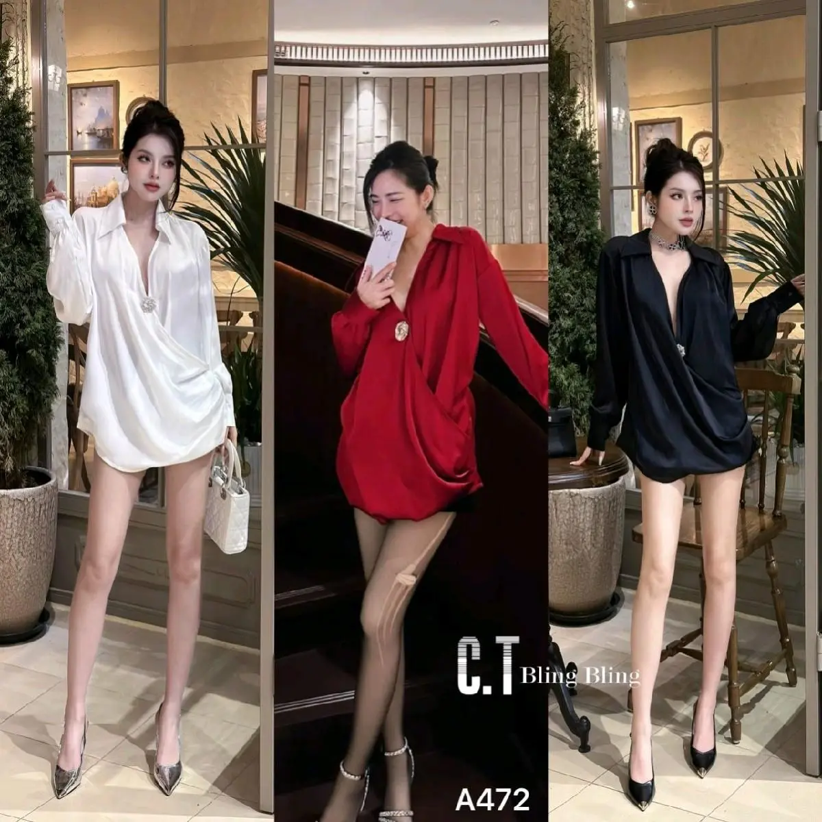 Váy Áo Sơ Mi Lụa Ngọc Trai chéo Vạt Kèm Hoa Đá A472 by ngoctienstore
