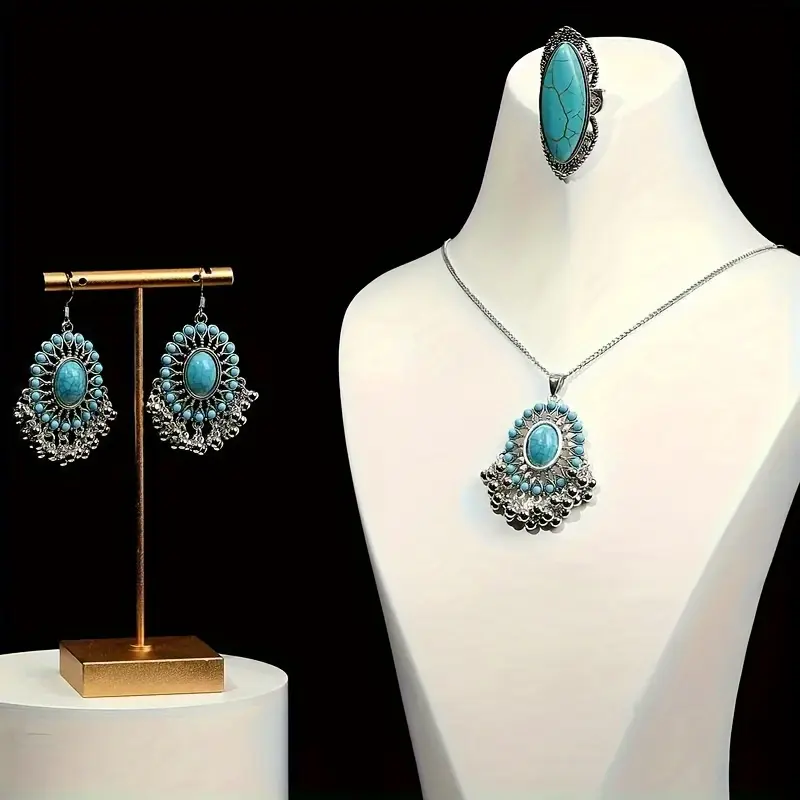 Handmade Turquoise Jewelry Set, Vintage Necklace Earrings Ring, Bohemian Statement Gift for Women 2
