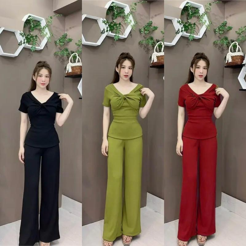 SET THUN TĂM LẠNH ÁO TRỄ VAI KÈM QUẦN ỐNG SUÔNG KIỂU NHIỀU MÀU Nữ Women Top Kem Đen đen tay nâu khỏe mạnh