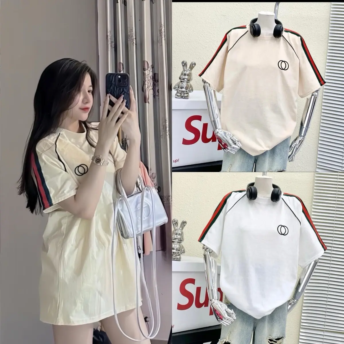 Áo Thun Freesize Hương Trầm Shop -  Sọc Tay 3 màu ,Kẹp chỉ raplang, 2 vòng tròn thêu , Form 40-70kg Top Cổ Tròn áo thun nữ , áo phông nữ , áo phông nữ đẹp nhất 2025