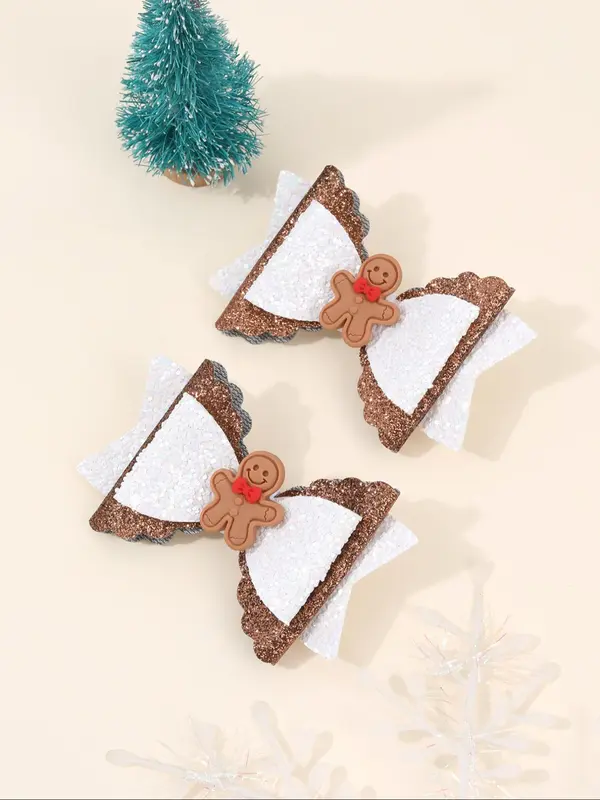 Cute Gingerbread Man Decor Bowknot Design Hair Clips, Glitter Hair Accessories for Girls, Fashion Hair Accessories for Party, Daily Clothing Decor 0