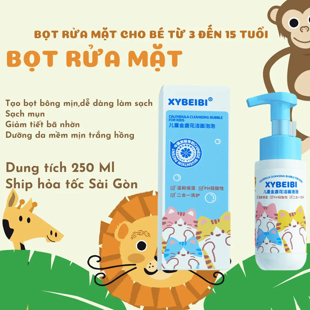 Sữa rửa mặt Xybeibi cho Bé từ 3 đến 15 tuổi, làm sạch dịu nhẹ, giảm thâm, dưỡng trắng hồng, dưỡng ẩm da