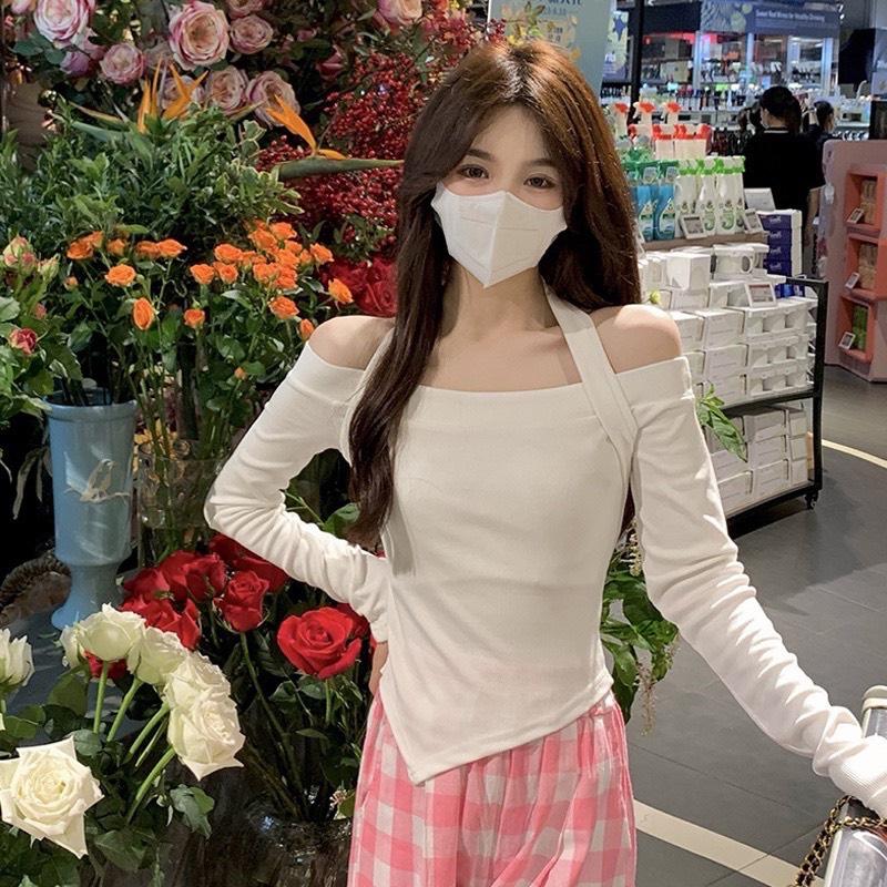 Áo Trễ Vai Dài Tay Phối Dây Yếm Quyến Rũ, Áo Kiểu Nữ BIG SIZE Hở Vai Dáng Ôm Chất Cotton Co Dãn TA-759 Top Sơ Mi