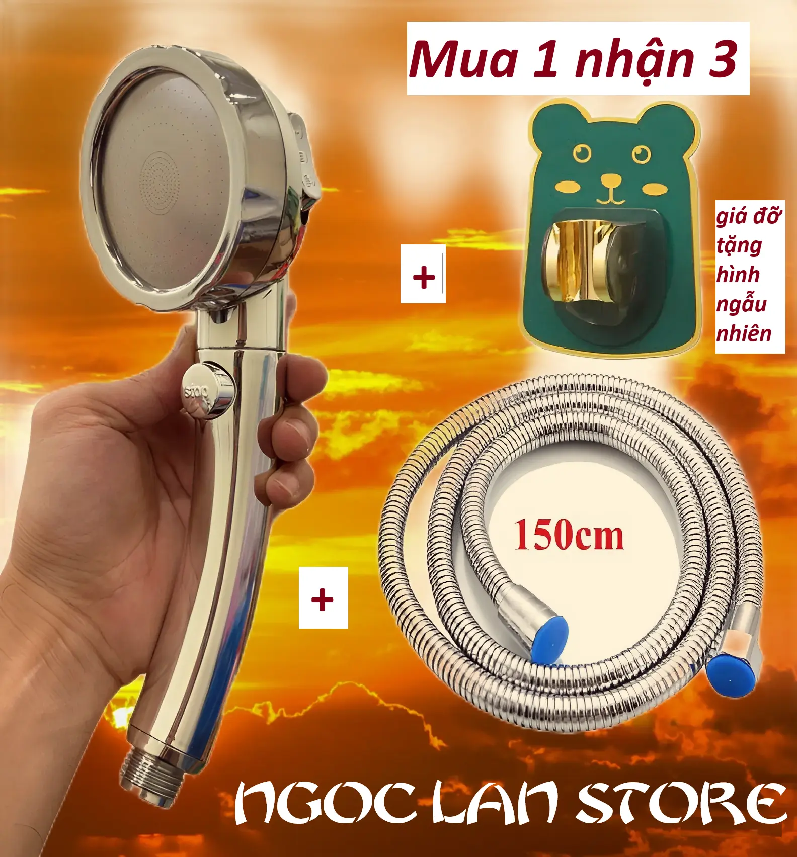 Sen trắng trọn bộ Hoa Sen 3 Chế Độ Nước, trắng bạc, Kiểu Dáng Hiện Đại, Tiết Kiệm Nước (Vòi tặng Dây Giá đỡ)