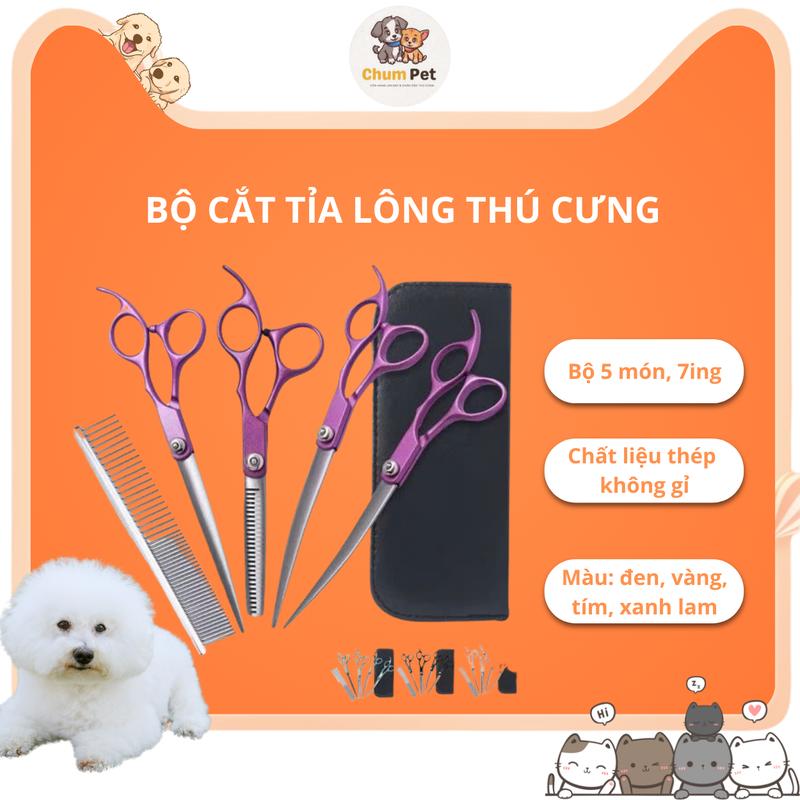 Bộ kéo cắt tỉa lông cho thú cưng 5 món kéo 7ing Bộ dụng cụ kéo cắt lông cong và cắt lông thẳng kèm lược tiện dụng