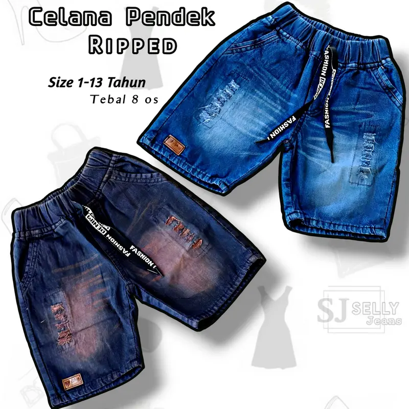 Celana Anak Pendek Jeans Tali Kolor Wisker Ripped Sobek Usia 1-13 Tahun Terbaru Bayi Cowok Matt Softjeans Nonstret - Fashion 3