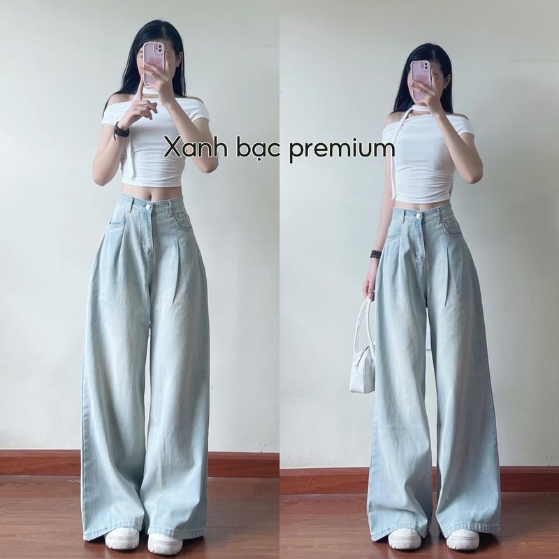 Quần jean suông ly trước ống ống rộng cạp cao dáng dài quàn dài quét đất 7
