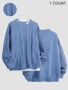 Men's Patchwork Print 2-IN-1 Textured Drop Shoulder Cable Knit Sweater, Loose Casual Long Sleeve Round Neck Jumper for Fall & Winter, Fashion Men's Knitwear for Daily Wear