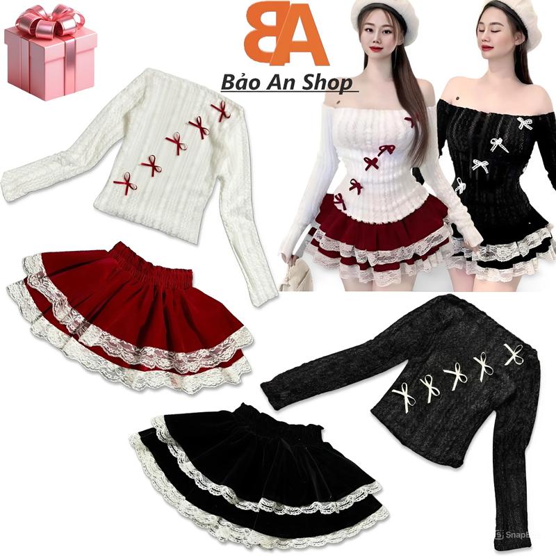 SB-164 Sét Bộ Nữ 2 Món Áo Len Nơ Xéo Tay Dài Trễ Vai Và Chân Váy 2 Tầng Lưng Thun Chất Kate Dày Phồng Xòe Size S M Women Top hot Polo Cổ Tròn