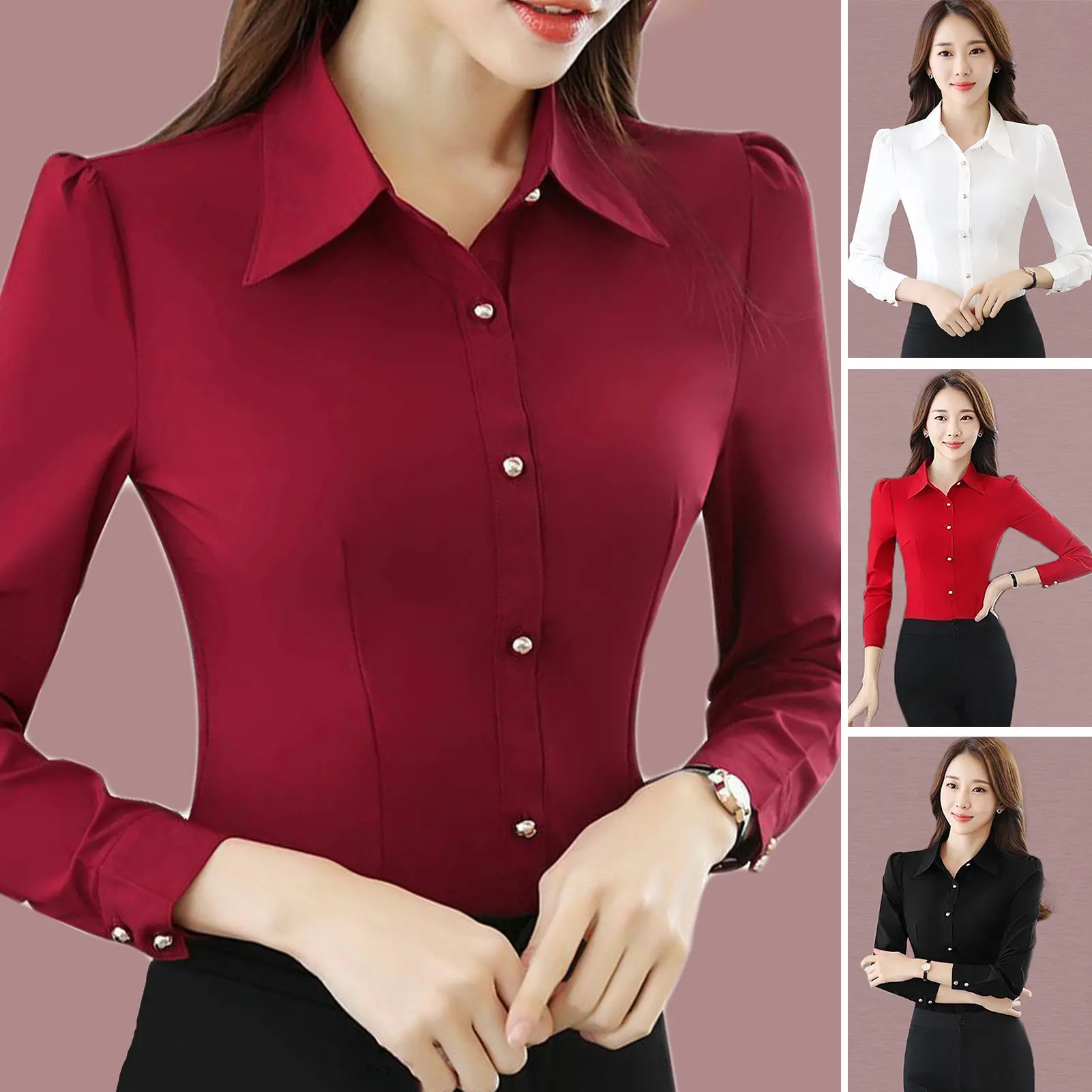 Commute Women Shirt Slim Fit Single-breasted Dignified Enhance Beauty Image Polyester Solid Color Long Sleeve Formal Shirt for Workplace