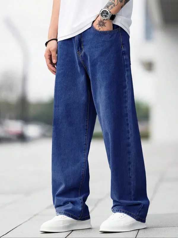 Men's Solid Color Wide Leg Jeans, Loose Casual Comfy Denim Trousers for Daily Wear, Fashion Men's Bottoms for All Seasons, Cotton, Casual Pants 7