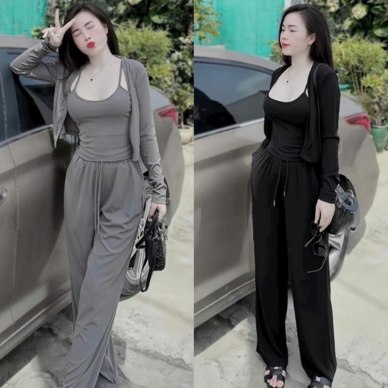  Set bộ nữ 3 món áo trong 2 dai kèm khoát ngoài dài tay mix quần dài ống suông xinh xắn thích hộp dành cho các nàng diện đi chơi.  Women Top 