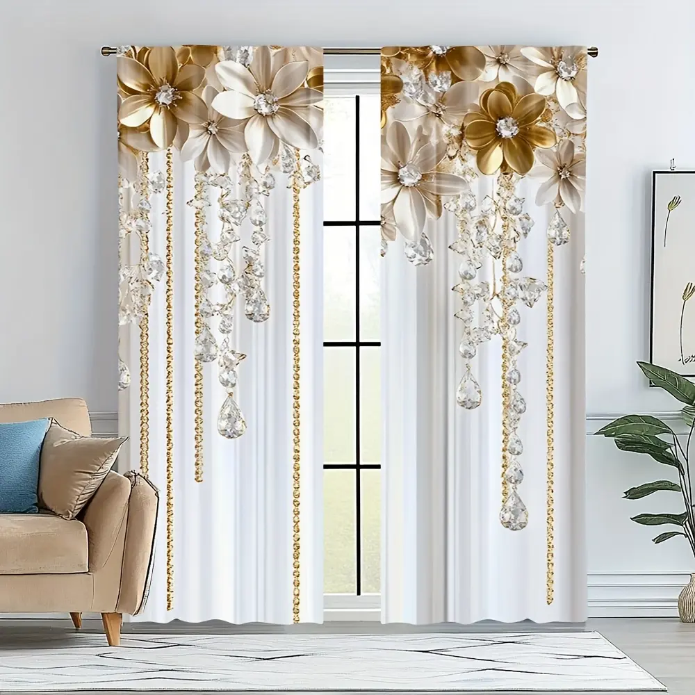2pcs Elegant Vintage Floral & Jewelry Print Window Curtains – Golden Accent Rod Pocket Treatment for Living Room, Bedroom, Office, Kitchen, or Coffee Shop, Easy Install, Machine Washable Polyester (Rod Not Included), Curtains for Living Room