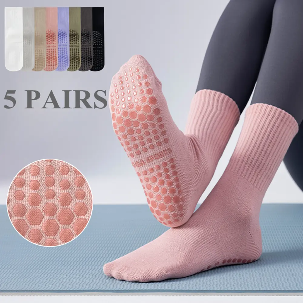 1/2Pairs Yoga Pilates Socks Women Anti-slip Fitness Sports Socks with Grip Non-slip Middle Tube Floor Socks