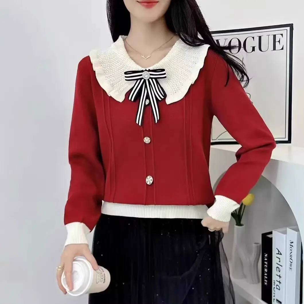 Áo Len Dệt Kim, Cổ Búp Bê, Thiết Kế Thắt Nơ Dài Tay, Bộ Sưu Tập Mùa Thu Và Mùa Đông, Phong Cách Phương Tây Mới, Áo Mặc Bên Ngoài Thời Trang, Áo Len Phong Cách Trung Quốc Mới, Áo Mặc Trong