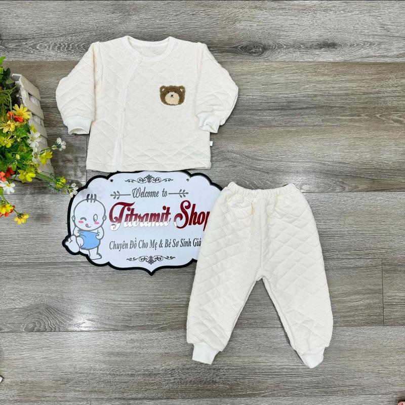 Bộ dài trần bông nỉ xốp cúc chéo khuy bấm mặc thu đông cho bé trai, bé gái