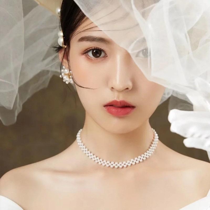 Vòng cổ ngọc trai choker 4-5ly hạt bóng bẩy đan so le kiểu dáng trẻ đẹp