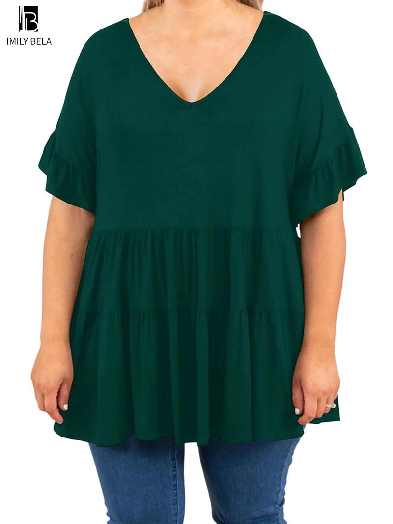 Product Introduction of 【Plus Size】 Solid V Neck Tee, Casual Short Sleeve T-shirt for Summer, Women's Clothing for Daily Wear 8