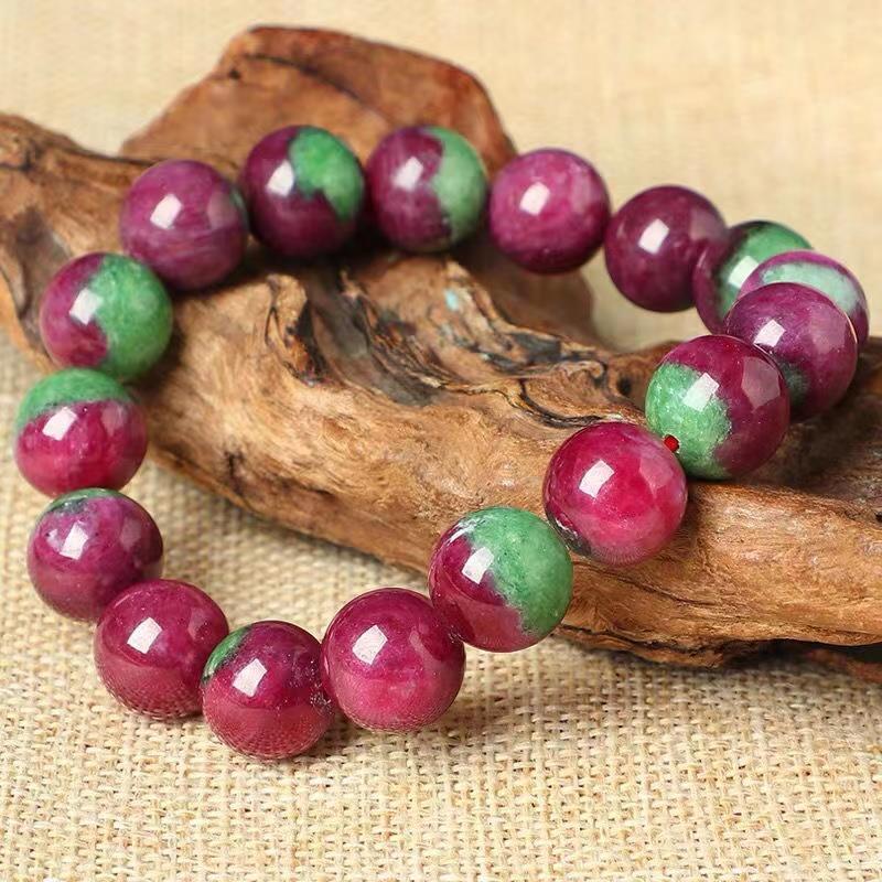 【BBGGG】 Vòng Tay Kho Báu Màu Đỏ Và Màu Xanh Lá Cây Tự Nhiên 16Mm Hạt Tròn Vòng Tay Nữ Đá Ruby Epidote Tự Nhiên 8