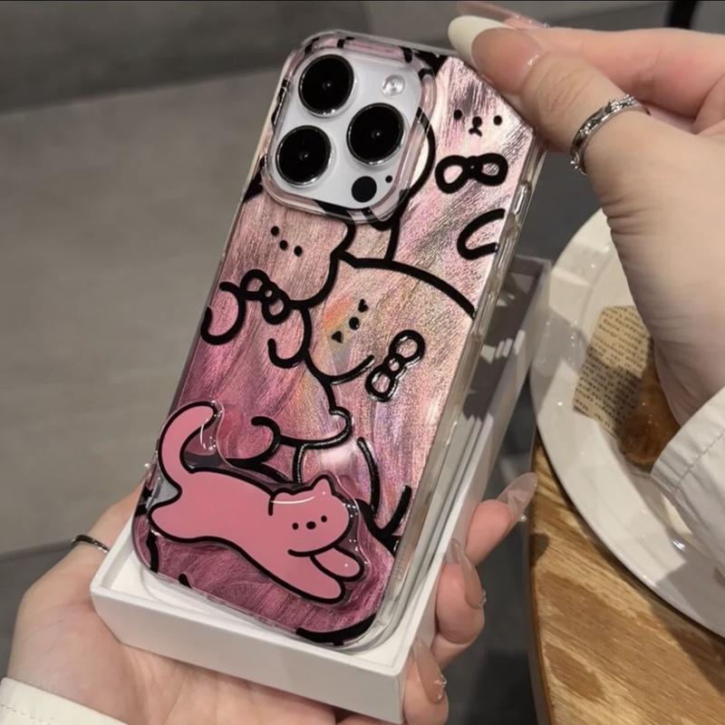 Product Introduction of Pink Line Art Cat Phone Case with Stand - Cute Cartoon Soft TPU Case for Couples, Full-Body Protective Anti-Drop Cover, Metallic Finish, Minimalist Design, iPhone All Models 4