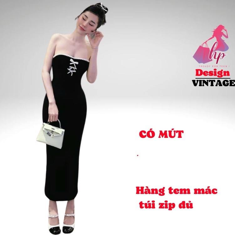 Đầm body maxi ống cúp ngực phối nơ có mút, váy nữ dáng dài ôm body tôn dáng G333 Voi Women Thun Dress  Cup Màu Đen Voan