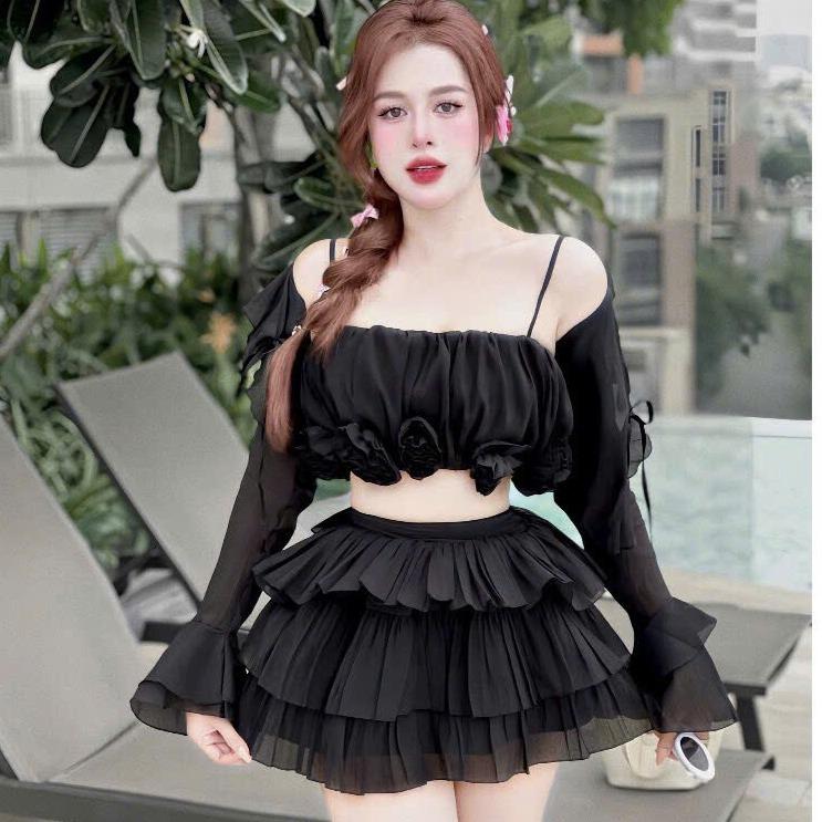 Set váy voan thiết kế áo ngắn hai dây (có mút) đính hoa kèm khoác phối chân váy xòe tầng có lót Nữ Women Kem Dress Top 4