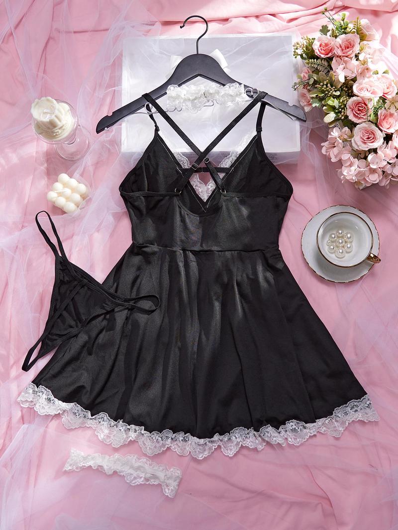Product Introduction of Women's Contrast Lace Cami Nightdress & Thong & Choker & Wristband Four-piece Set, Sexy Criss Cross Backless Ruffle Trim Nightgown & Accessories, Women's Sleepwear & Loungewear Set 2