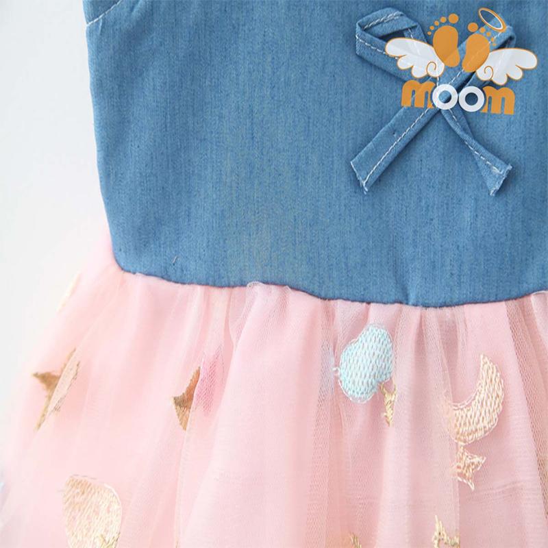 Đầm bé gái áo 2 dây denim váy voan thêu hoa có lót kèm nón 5