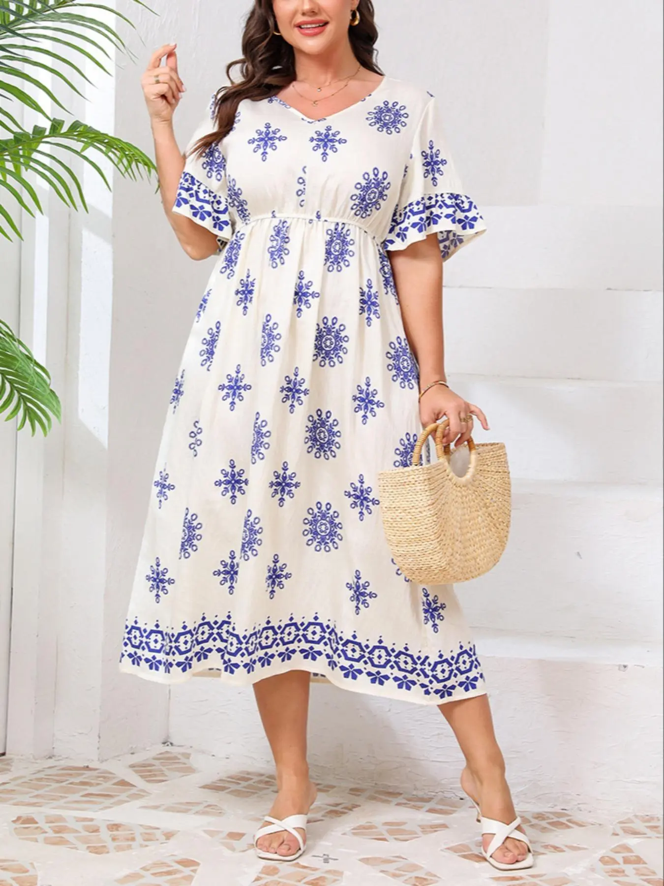 【Plus Size】 All Over Print Belted Waffle Knit Dress, Casual Flounce Sleeve V Neck Dress for Summer, Women's Plus Clothing for Daily Wear