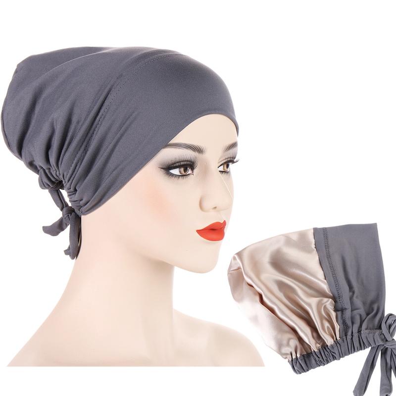 Product Introduction of Instant Hijab Muslim Tudung Inner Hijab New Multi-color Satin Cloth Drawstring Pullover Cap Base Cap Strap Tether Cap 15