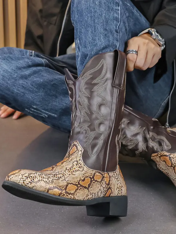 Men's Fashionable Snakeskin Print Embroidering Design Boots, Punk Style Cowboy Boots for Daily Wear, Fashion Vintage Shoes for Party, Daily Clothing Decor 3