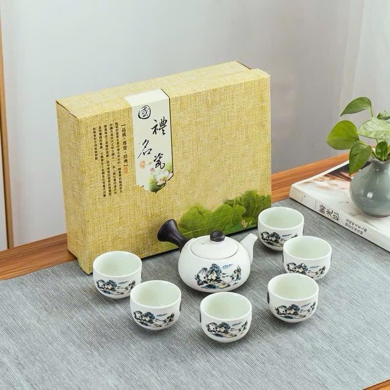 Bộ ấm chén men tuyết trắng thưởng trà - Bộ ấm trà nhỏ tuyết trắng, 1 ấm 6 chén kèm hộp đựng miền đất Bộ ấm trà 0