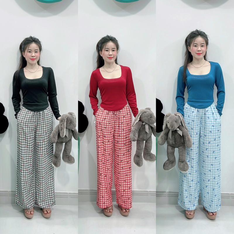 Sét bộ Cổ vuông tay dài phối quần lụa họa tiết xinh xắn Women Nhung Nữ Voi Áo Thun Sen Đen