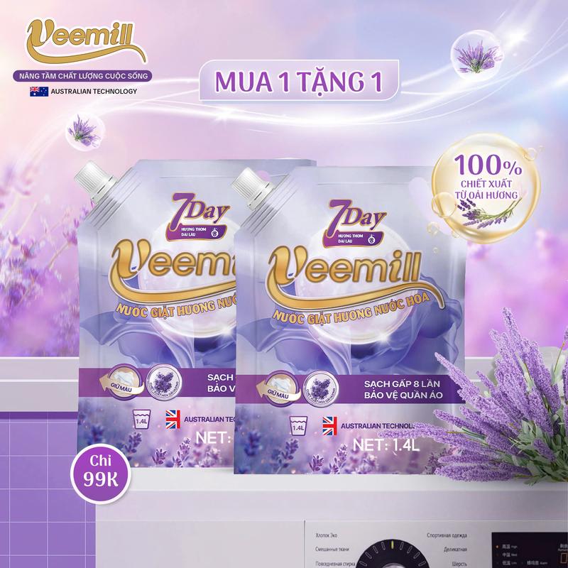 MUA 1 TẶNG 1 Túi Nước Giặt Hương Nước Hoa Veemill Chiết Xuất Hoa Oải Hương và Hoa Hồng Dung Tích 1,4L Làm Sạch kháng khuẩn