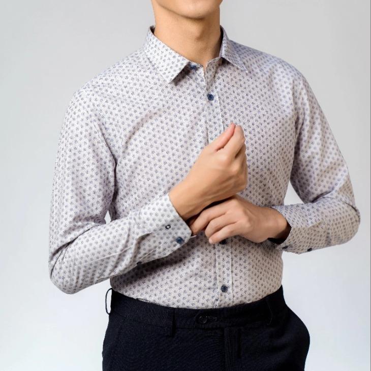 Áo sơ mi dài tay OWEN công sở trắng chấm bi slim fit không túi sợi tre cao cấp Nam Menswear