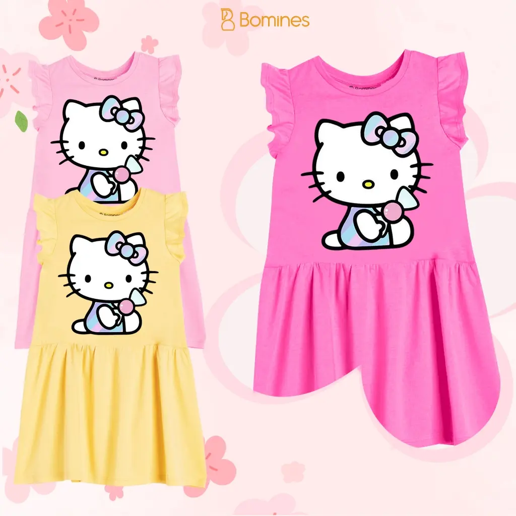 Váy bé gái hình mèo BOMINES, đầm tay cánh tiên thun cotton cho bé gái 3-12 tuổi, 12-36kg DTBKITTYKEO
