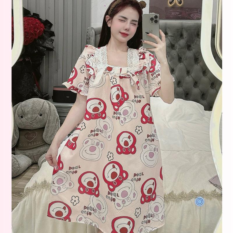 Váy Ngủ Mặc Nhà Đầm Ngủ Dễ Thương Cute chất đũi xốp phom từ 40-63kg Nữ Dress Women