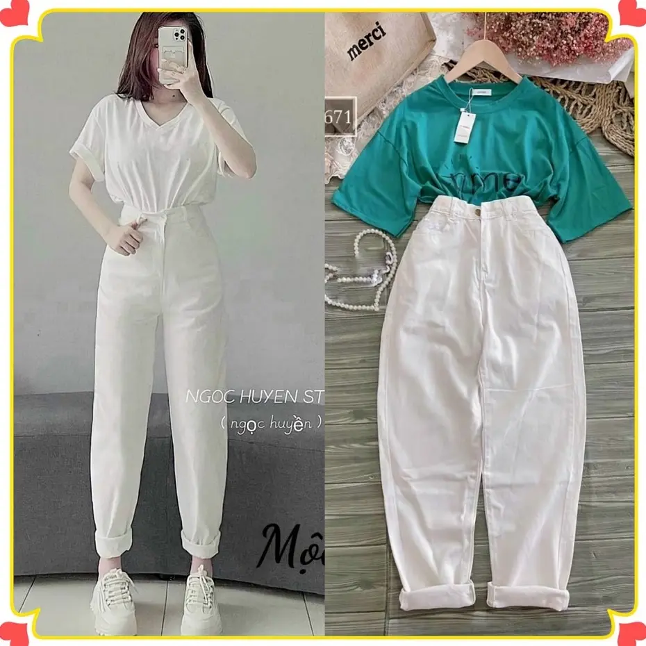 Quần baggy kaki Nữ Trơn Basic Chất kaki màu trắng Dày Dặn Dễ Mặc Dễ Phối Pants Jean