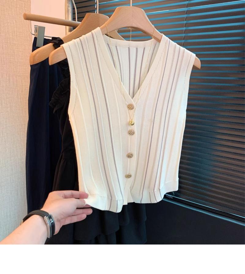Product Introduction of Vintage V-neck sleeveless knitted cardigan women's summer thin vest vest simple fashion single-breasted versatile on clothes 5