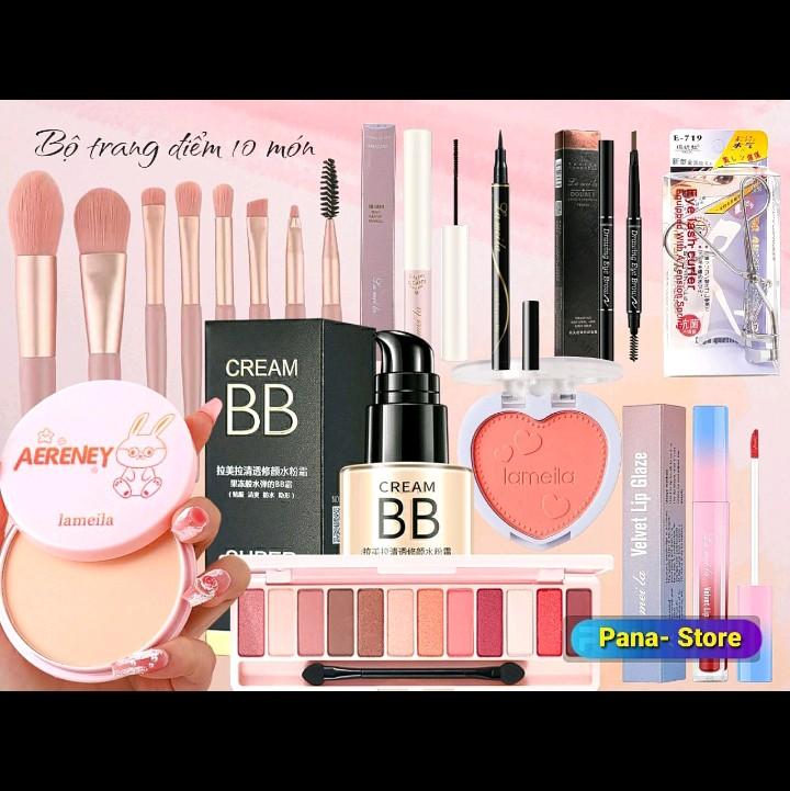 Bộ trang điểm 10 món makeup cá nhân dành cho người mới tập makeup mỹ phẩm trang điểm làm đẹp son phấn phủ kem lót