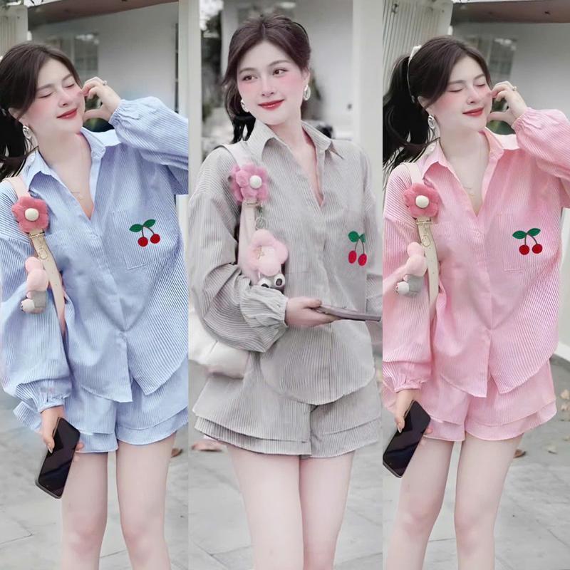  Set Bộ Áo Sơ Mi Nữ Tay Tay Phồng Cherrry Form Rộng Kèm Quần 2 Lớp Bigsize Xinh Đẹp Cao Cấp Dễ Thương Freesize 50-95kg - 2421 