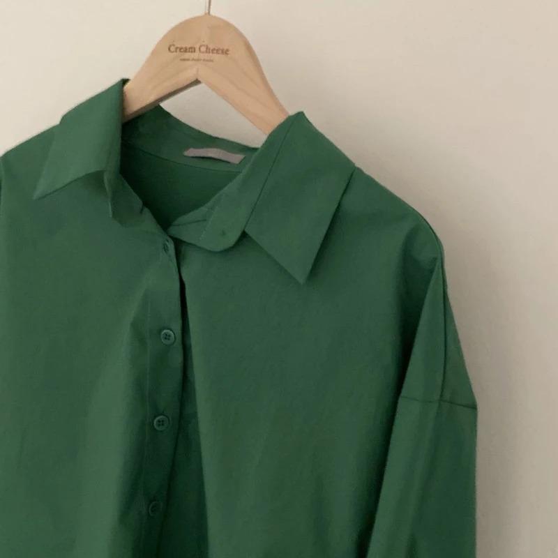 Product Introduction of Fashion Short Shirts Women Korean Chic Loose Solid Color Long Sleeve Crop Tops Female Casual Elegant Button Split Turn Down Collar Blouse 9