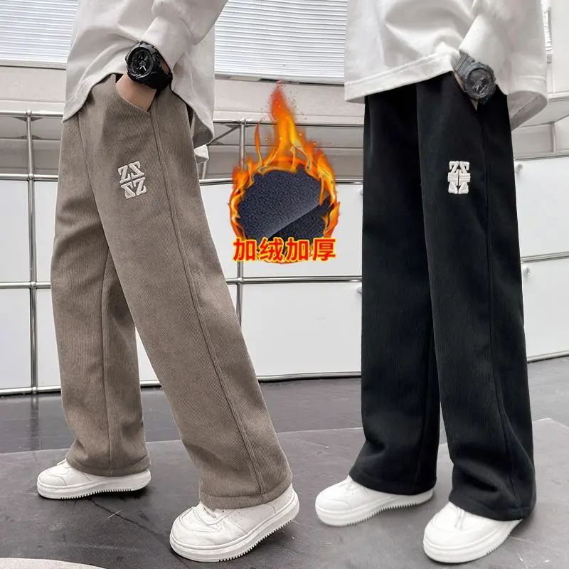 2024 Boys Velvet Pants Baggy Pants Spring and Autumn Boy Autumn Clothing New 2024 Medium and Big Children Autumn Leisure Wide Leg Straight