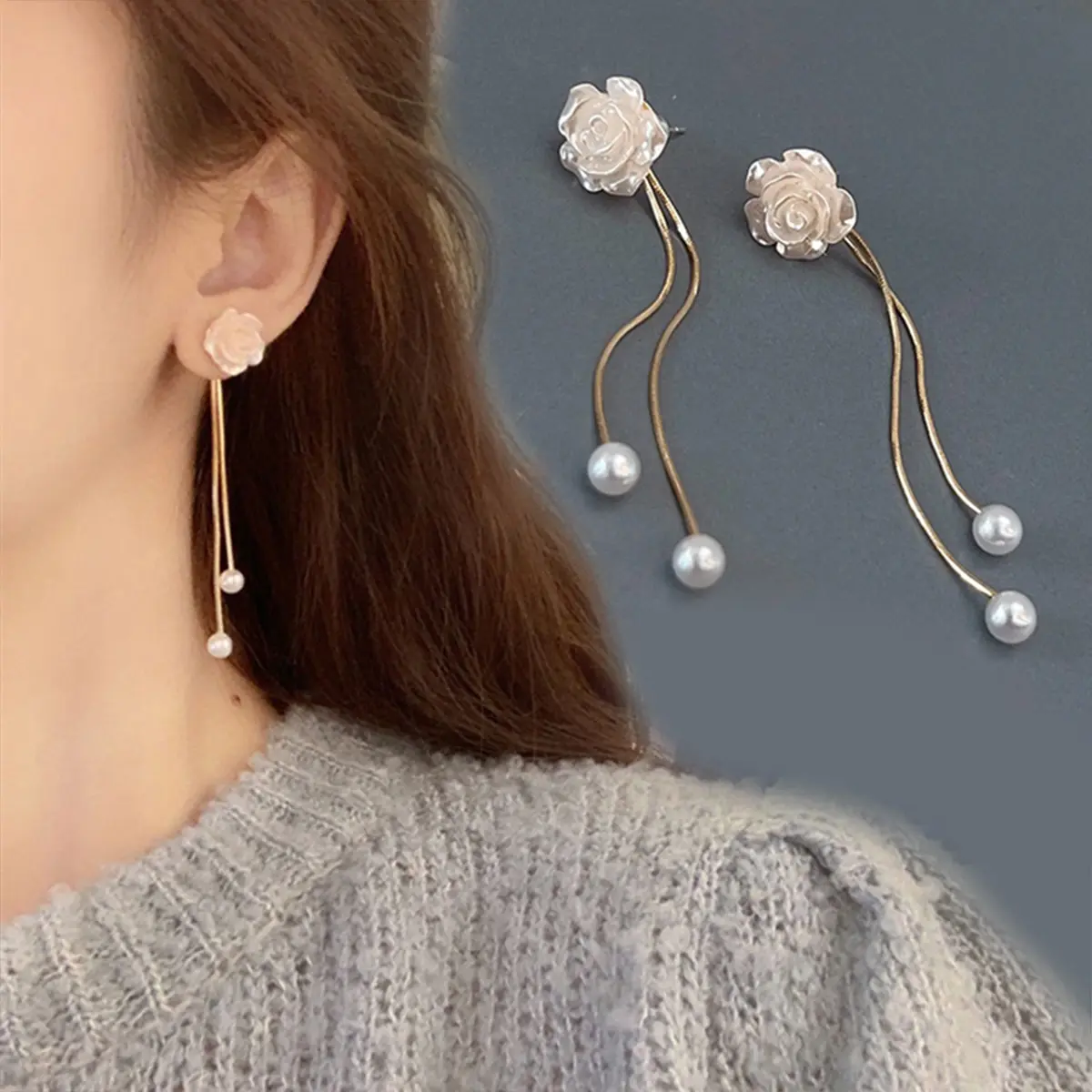 Anting Korea Wanita Model Bunga Rumbai Aksen Mutiara Bulat Perhiasan Gaya Kekinian ANT117
