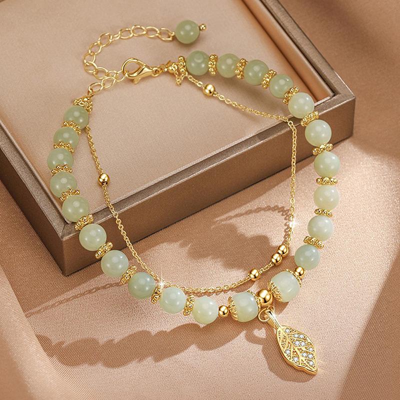 Women Bracelet Faux Jade Smooth Bead Leaf Pendant Double-layered Adjustable Length Rhinestone Lady Bangle Prom Daily Wrist Jewelry 2