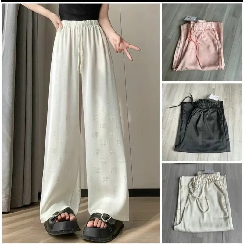 Quần lụa ống rộng dáng dài suông dập chìm chữ min cho nữ Mùa Hè Miu Siêu Đẹp Hàng Chuẩn women pants Ong Đen/hồng/trắng sữa Nhung 7