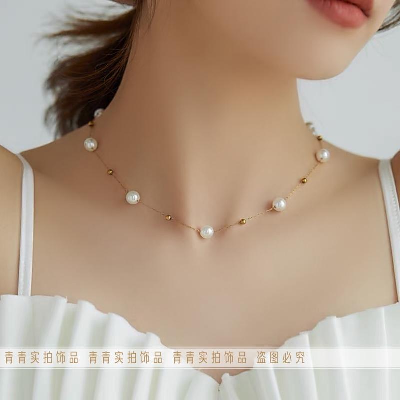 Product Introduction of 2024 [Titanium Steel Does Not Fade] Strong Light Feeling Starry Sky Shell Pearls Transfer round Beads Doudou Interval Besties Necklace Gift 1